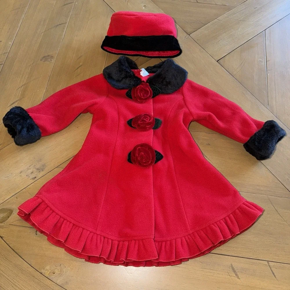 Starting Out Girls Red Dress Coat Matching Hat 18M Faux Fur Velvet Rose Holiday